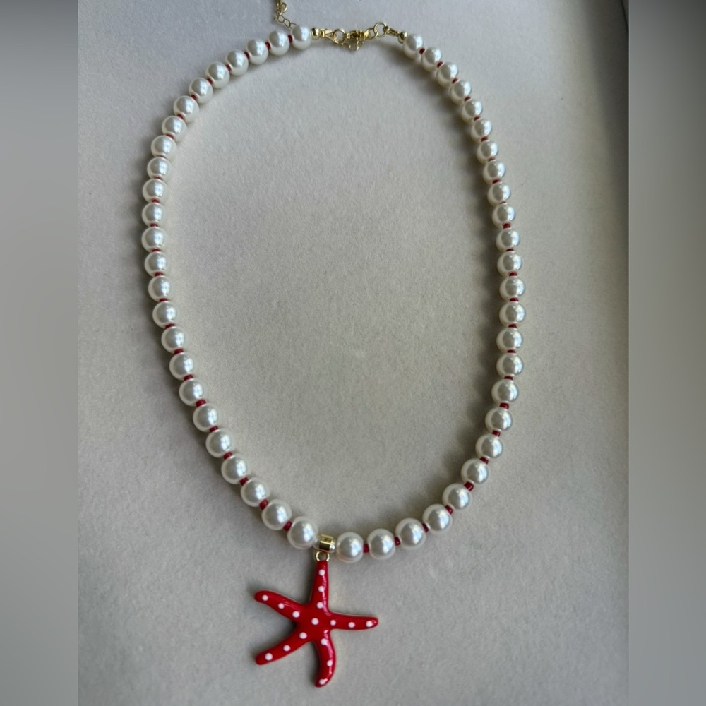 Elegant Pearl Necklace with Red Starfish Charm